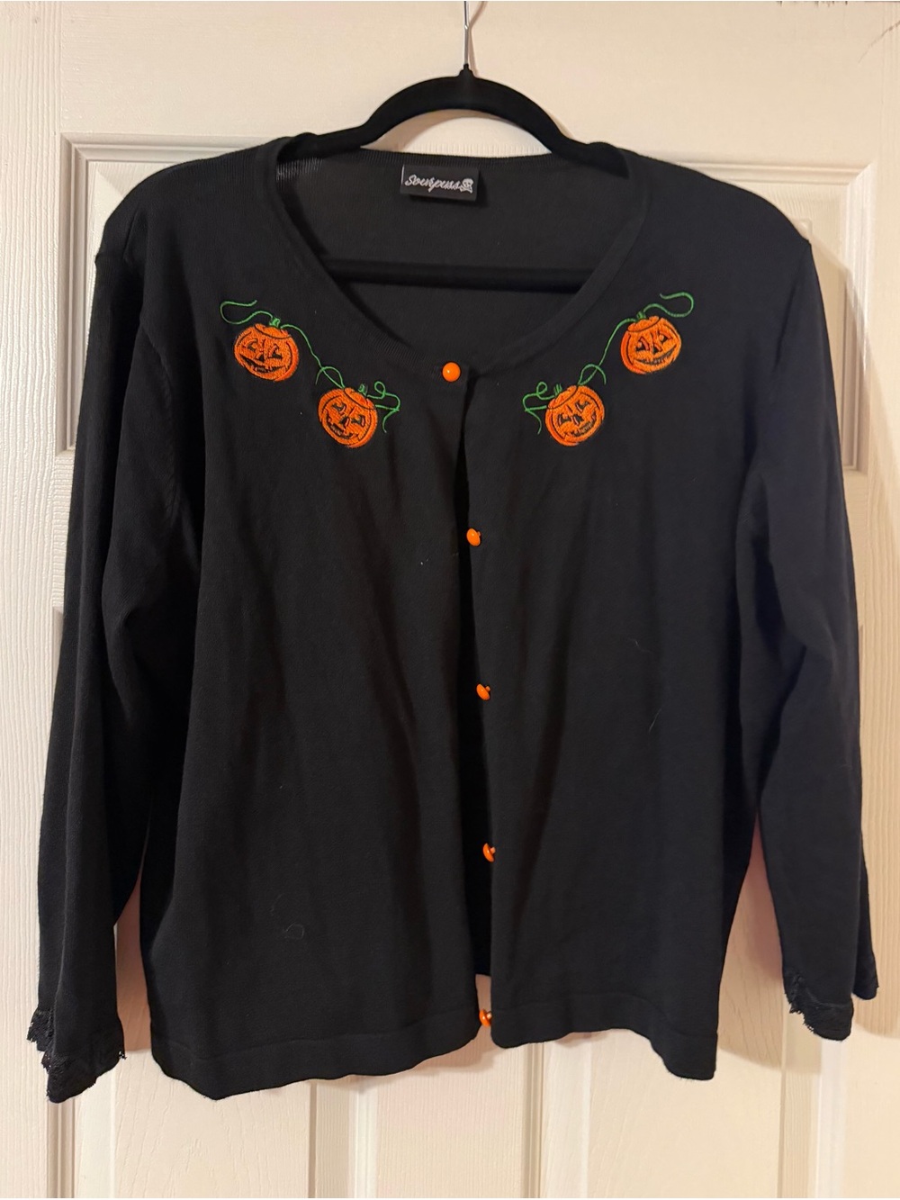 Sourpuss Black Halloween Cardigan with Orange Pumpkin Embroidery